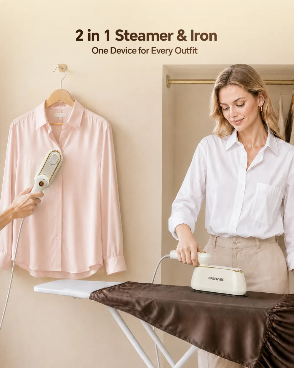 Frascora Portable Handheld Travel Steamer for Clothes, Fast Heat-Up, 160ml Water Tank, Large Ceramic Heat Panel, 120V, White.