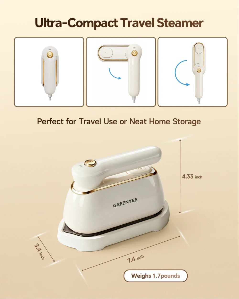 Frascora Portable Handheld Travel Steamer for Clothes, Fast Heat-Up, 160ml Water Tank, Large Ceramic Heat Panel, 120V, White.